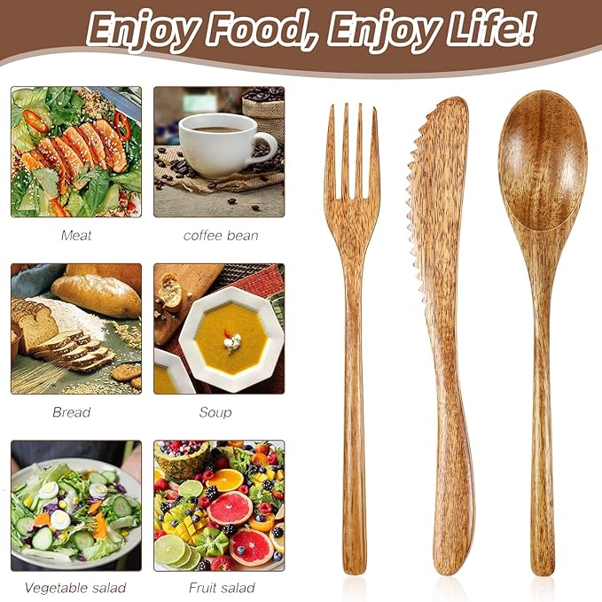 Geiserailie 12 Pcs Wooden Utensils for Eating Wooden Spoon Fork Knife Cutlery Set Kitchen Wood Dinner Flatware Tableware Set Includes Spoon, Fork, Knife (Acacia Wood)