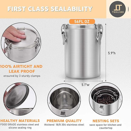 Stainless Steel Coffee Canister | 100% Airtight Metal Food Storage Container with Lid Sealed - Keep Coffee Beans, Sugar, Tea Fresh for Months (56 fl oz)