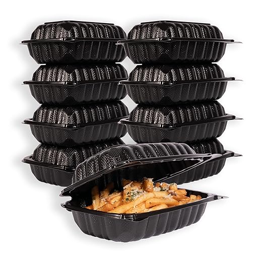 MULMEHË Mineral Filled Polypropylene Plastic Hinged Take Out Food Containers, 9x6x3, Vented Single Compartment, Black, 50 Pack