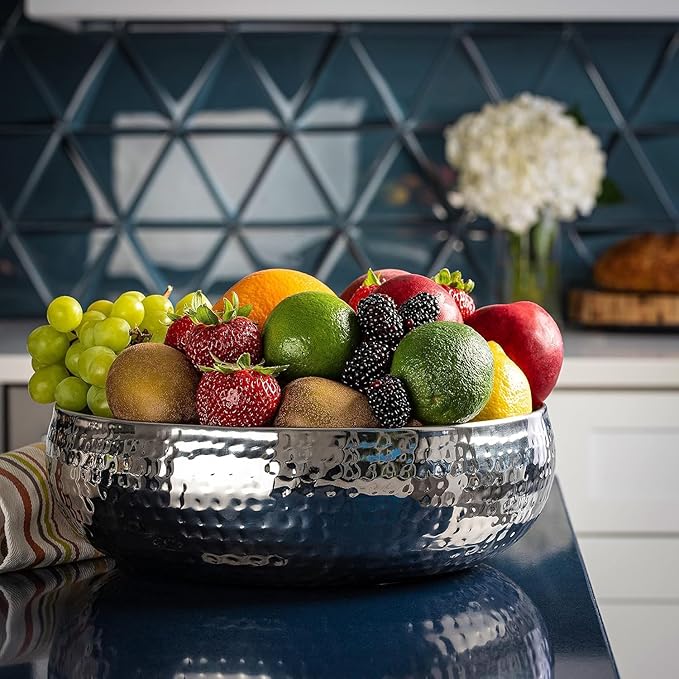 Salad Bowl and Serving Utensils - Hammered Detailing - Stainless Steel Mixing Bowls with Lids- Luxurious Serving Bowls (12" Silver Hammered Salad Bowl)