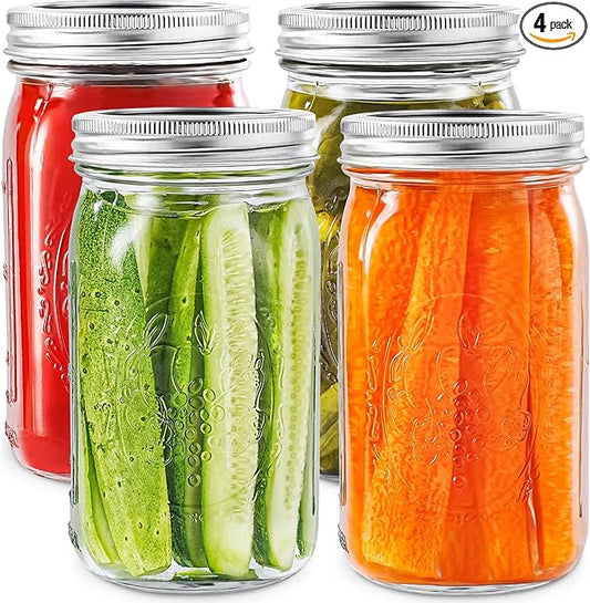 Wide Mouth Mason Jars 32 oz with Lids [4 Pack], Canning Jars with Metal Airtight Lids and Bands, 32 oz Glass Jars for Fermenting, Pickling, Freezing, Preserving, Meal Prep, Jar Décor
