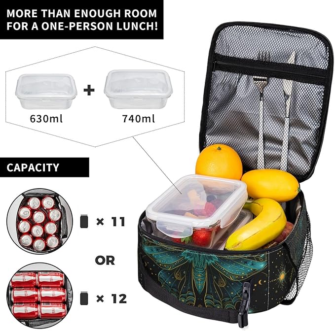 Insulated Lunch Box for Kids Boys Girls, Reusable Lunch Bag for School, Office, Work, Picnic, Travel, Mystical Celestial Moth Moon Lunch Box