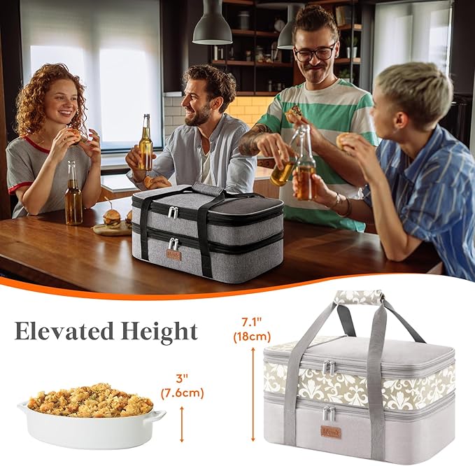 Lifewit Expandable Insulated Casserole Carrier for Hot or Cold Food, Double Decker Food Bag Lasagna Holder Carry Tote for Potluck Parties/Picnic/Cookouts, Fits 9"x13" Baking Dish, Grey-Flowers