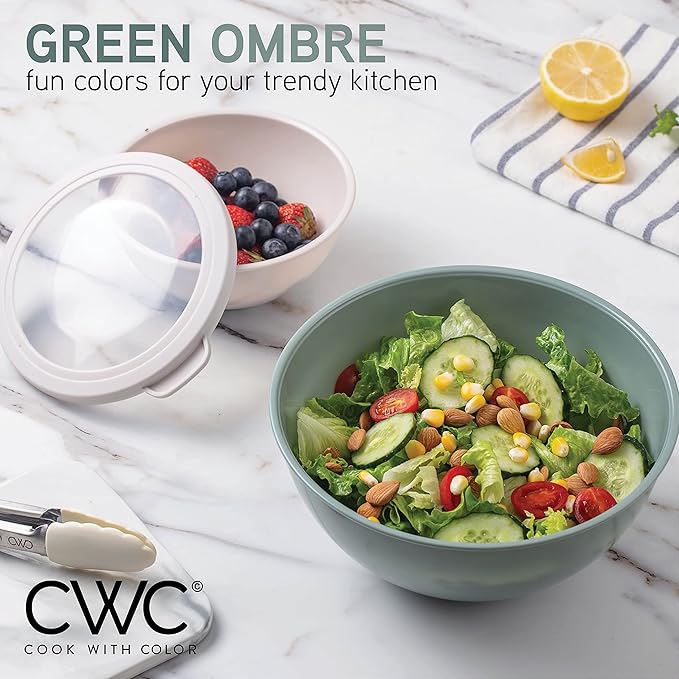 COOK WITH COLOR Nesting Mixing Bowls - 12 Piece Plastic Bowl Set with Lids, Microwave Safe (Green)