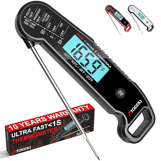 Professional Food & Meat Thermometer, 1 Sec Instant Read & ±0.5℉ Accuracy Driven by Thermocouple Sensor. IP67 Waterproof Digital Thermometer for Cooking, BBQ, Grilling. Gifts for Him Dad. Black