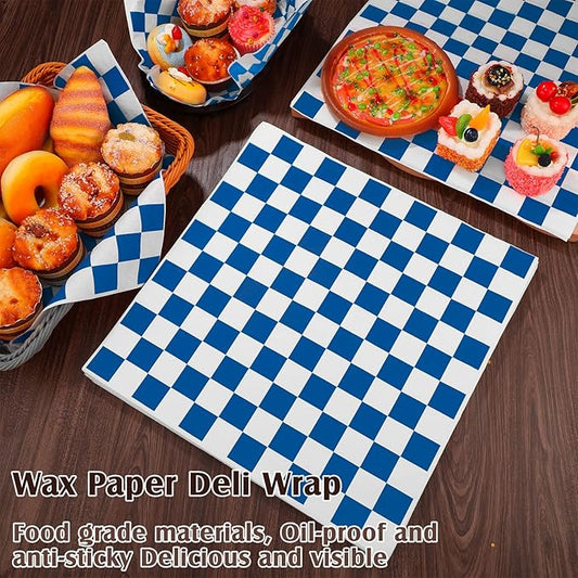 Honeydak 600 Pcs Sandwich Wrapping Paper Sheet 15x15 Checkered Food Wax Sheets Parchment Paper Basket Liner Grease Restaurant Wedding Party Supplies for Wrapping Bread Burgers(Blue)