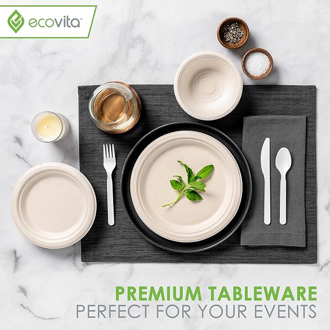 100% Compostable Spoons - 500 Large Disposable Utensils (6.5 in.) Bulk Size Eco Friendly Durable and Heat Resistant Alternative to Plastic Spoons with Convenient Tray