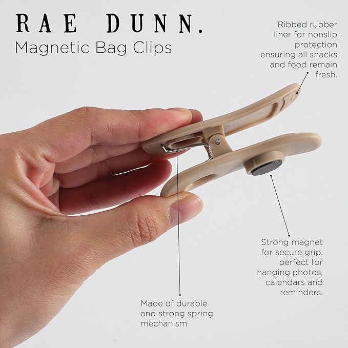 Rae Dunn Bag Clips with Magnet - Chip Clips, Food Storage with Air Tight Seal Grip for Bread, Snack and Food Bags, Pack of 10, Brown
