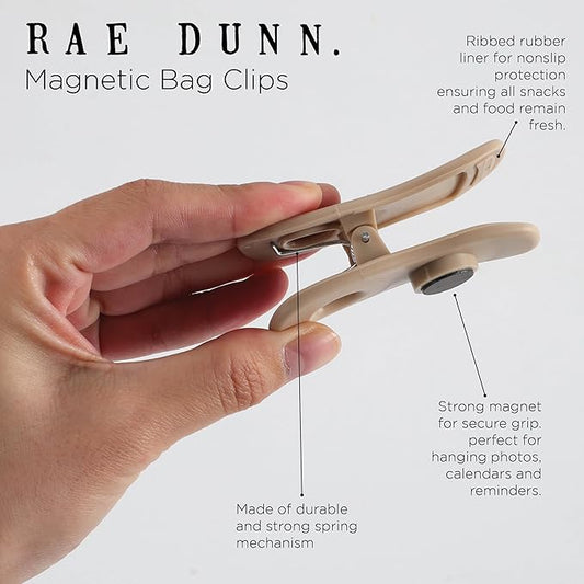 Rae Dunn Bag Clips with Magnet - Chip Clips, Food Storage with Air Tight Seal Grip for Bread, Snack and Food Bags, Pack of 10, Brown