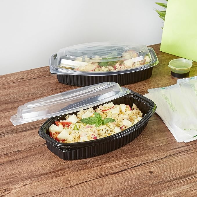 Restaurantware RW Base 24 Ounce Meal Prep Containers, 100 Microwavable To Go Containers With Lids - Disposable, Freezable, Black Plastic Oval Food Containers, Pack Hot And Cold Food, For Takeaway