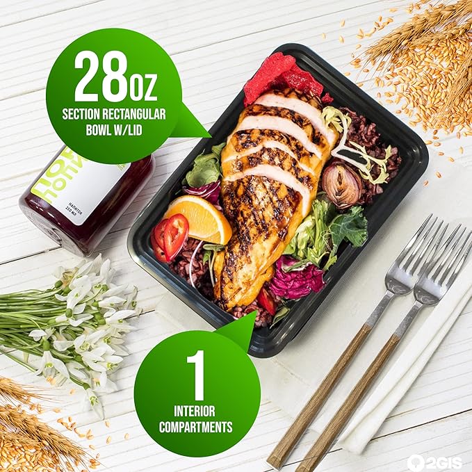 Single Compartment Meal Prep - 50 Pack - Rectangular Container with Airtight Lid – Freezer, Microwave & Dishwasher Safe – Stackable – BPA Free Plastic (Black) 28oz