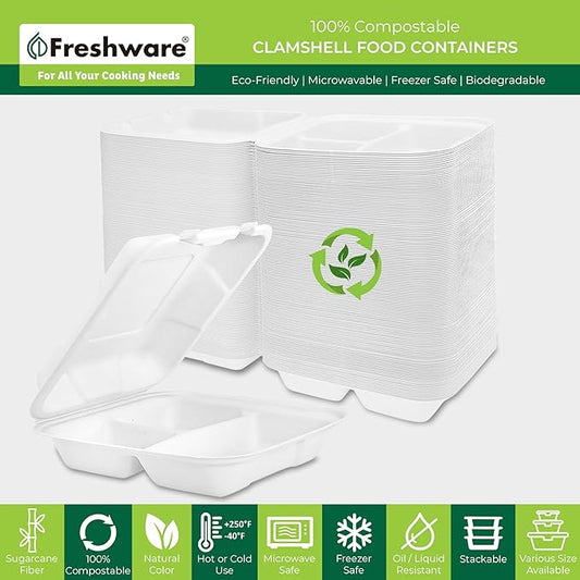 Freshware Compostable Clamshell Food Containers [8x8"] 3-Compartment 50-Pack, Disposable Containers, Biodegradable Sugarcane To Go Boxes - Paper Food Containers - Microwave & Freezer Safe, Stackable
