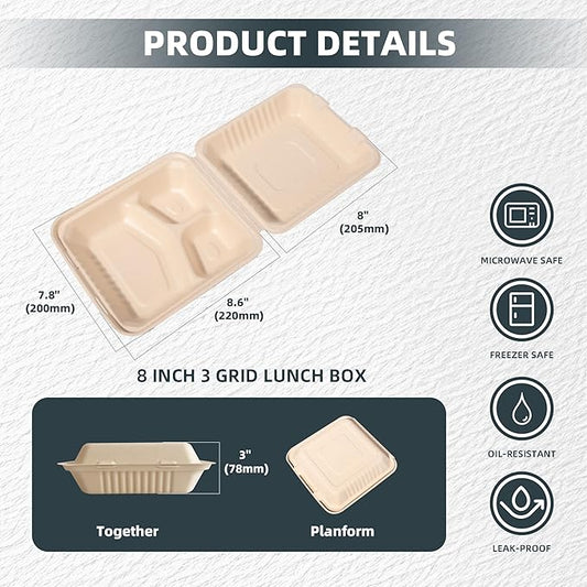 togo Containers Disposable - 50 Pcs 8" x 8" clamshell Take Out Food Containers 100% Compostable, White Biodegradable Meal Prep Box, To Go Containers with Lids for Food (3-Compartment)
