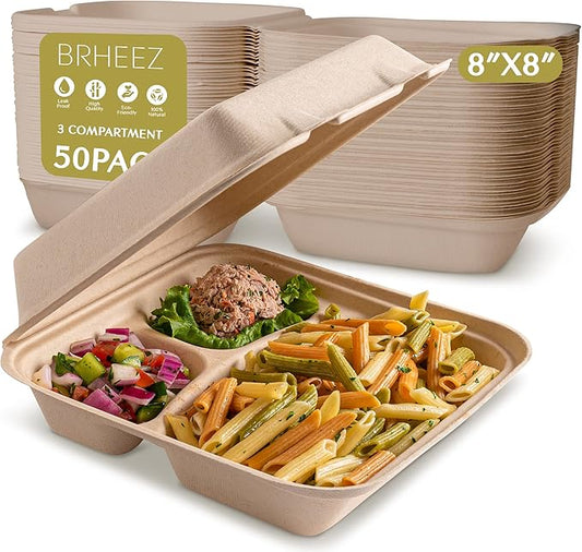 brheez Disposable Clamshell To-Go Containers – Bagasse Fiber Biodegradable Containers with Lids for Takeout, Parties, & Holidays – Pack of 50 Chemical-Free, 3-Compartment Boxes, 8"x8", Natural