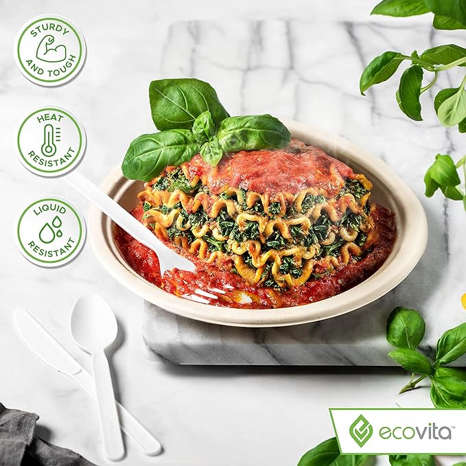 100% Compostable Spoons - 500 Large Disposable Utensils (6.5 in.) Bulk Size Eco Friendly Durable and Heat Resistant Alternative to Plastic Spoons with Convenient Tray