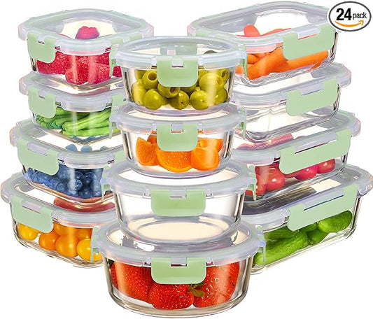 FineDine 24 Piece Glass Storage Containers with Lids - Airtight, Leak Proof, Dishwasher Safe, Glass Food Storage, Food Storage Containers, Meal Prep Containers, Green