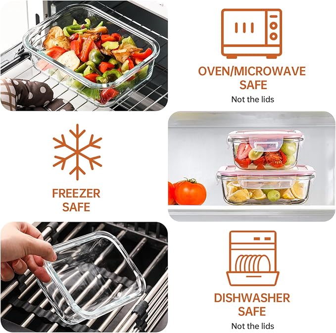 HOMBERKING 8 Pack Glass Food Storage Containers with Lids, Meal Prep Containers, Airtight Bento Boxes with Leak Proof Locking for Microwave, Oven, Freezer and Dishwasher, BPA Free, 5-35oz, Pink
