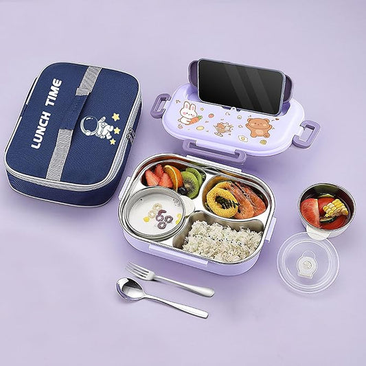 Bento box for kids/adults, 304 Stainless steel insulated 4 compartments lunch box with Soup Bowl, Thermal bag, Spoon and folk, Leak proof, Microwavable, Dishwasher safe, 5 colors (Purple)