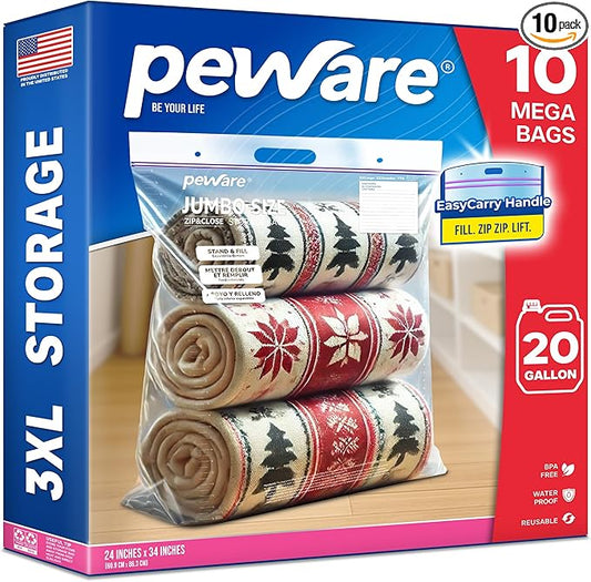 Jumbo Plastic Storage Bags, Extra Large 20Gallon Resealable Zipper Lock Seal Bags for Bedding, Clothes, Travel, and Food, Moving Totes, 24"x34", 10 Pack