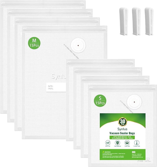 [2025 Upgraded] Syntus Vacuum Sealer Bags for Food, 30 Pcs Small Size 8" x 10" and Medium Size 10" x 13.8" Food Storage Bags for Sous Vide Cooking Microwave Heating, Air Valve Zipper Bags & Zip Clips