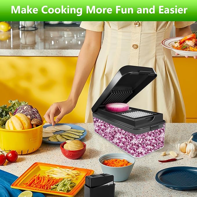 Vegetable Chopper, Onion Chopper Dicer, Mandoline Slicer, Food Chopper with Container, Vegetable Cutter for Salad Potato Carrot Garlic（2 Blades, Black）