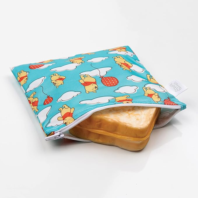 Bumkins Disney Reusable Sandwich and Snack Bags, for Kids School Lunch and for Adults Portion, Washable Fabric, Waterproof Cloth Zip Bag, Travel Pouch, Food-Safe Storage, Large, Winnie the Pooh