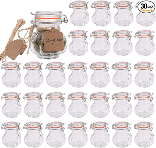 Glass Spice Jars,Encheng Glass Jars With Airtight Lids 4 oz,Small Jars With LeakProof Rubber Gasket,Mason Jars With Hinged Lids For Kitchen,Mini Storage Containers With Twine and Tags Labeling 30 Pack
