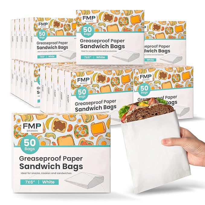 Fit Meal Prep 6000 Pack Paper Sandwich Bags 7 x 6”, Greaseproof Paper Snack Bags, Food Grade Pastry Bag, Recyclable Small Paper Bags, Cookie Sleeves, Food Packaging for Bakery, Donuts (50 Pack x 120)