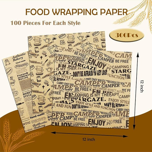 OTOPETE 300Pcs Food Paper Sheets, 12"x12" Greaseproof Paper Sheets, Three Patterns Kraft Paper, Food Basket Liner, Tray Liner, Wrapping Bread Hamburger Sandwiches, for Family, Bakery, Picnic, Party