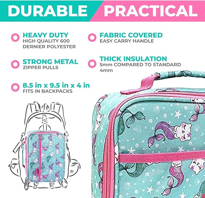 kinsho Bento Lunch Box. Insulated Bag, Water Bottle & Ice Pack Set for Kids, Toddlers, Girls. 5 Portion Sections, Removable Tray, Pre-School Toddler Daycare Lunches, Snack Container, Aqua Cat Mermaid