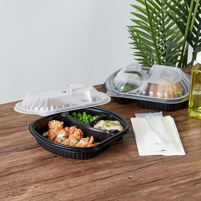 Restaurantware RW Base 27 Ounce Meal Prep Containers, 50 Microwavable To Go Containers With Lids - 3 Compartments, Disposable, Black Plastic Oval Food Containers, For Hot And Cold Food, Freezable
