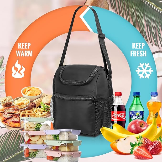 Nuogo 10 Pcs Insulated Lunch Bags Bulk, Reusable Lunch Boxes, Black Waterproof Thermal Cooler Bags with Zipper, Adjustable Strap for Men Women Work School Outdoor Camping Picnic Beach