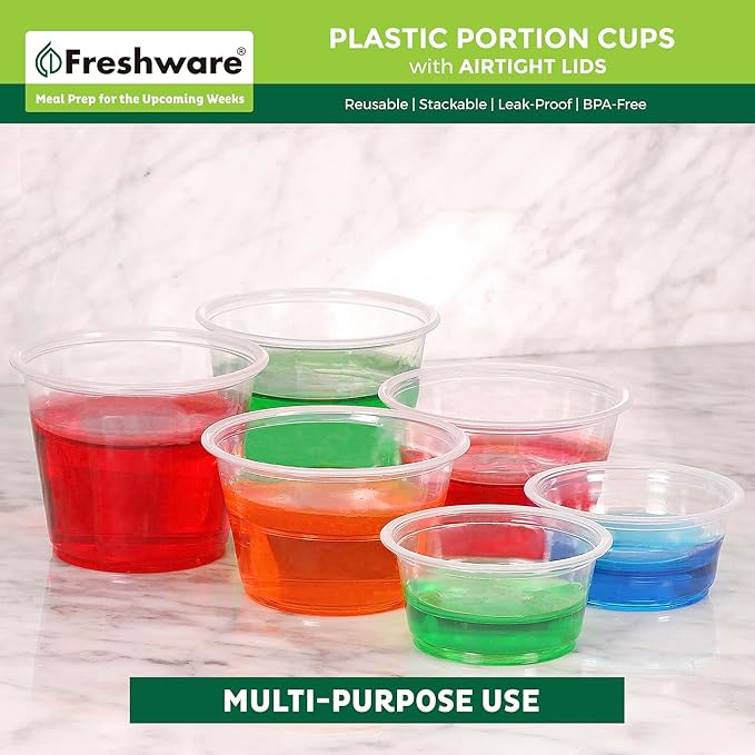 Freshware Plastic Portion Cups with Lids [2 Ounce, 100 Sets] Disposable Plastic Cups for Meal Prep, Salad Dressing, Jellos Shot Cups, Souffle Cups, Condiment and Dipping Sauce Cups