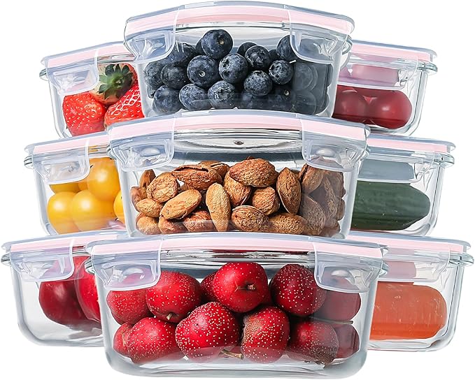 HOMBERKING Glass Food Storage Containers with Lids, [18 Piece] Glass Meal Prep Containers, Airtight Glass Lunch Bento Boxes, BPA-Free & Leak Proof (9 lids & 9 Containers) - Pink