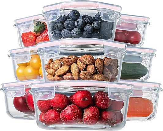 HOMBERKING Glass Food Storage Containers with Lids, [18 Piece] Glass Meal Prep Containers, Airtight Glass Lunch Bento Boxes, BPA-Free & Leak Proof (9 lids & 9 Containers) - Pink