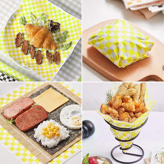 GeeRic Waxed Deli Paper Sheets 12 * 12 Inch, 100 Pcs Food Basket Liners for Sandwiches, Burgers, Checkered Deli Wrap Wax Paper Sheets Yellow