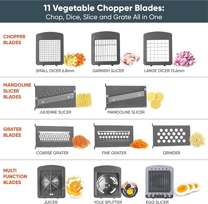 Vegetable Chopper Slicer Onion Dicer, Multi 22-in-1 Veggie Mandoline Food Cutter for Tomato Fruit with Lemon Squeezer, E-Recipe, 11 Blades, Egg Separator & Slicer, Container