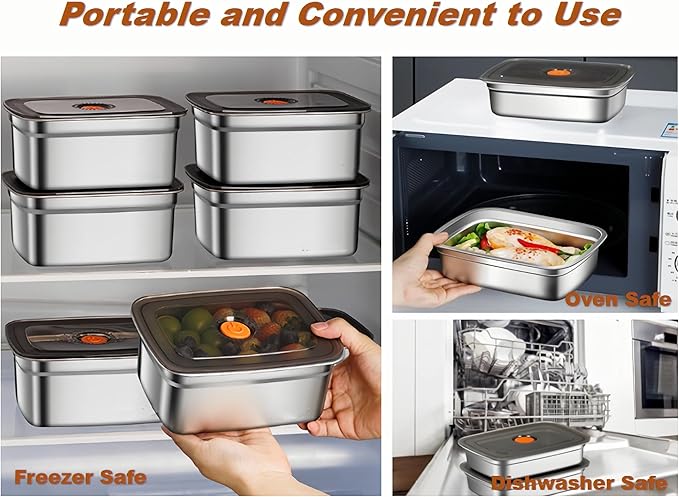 18/8 Stainless Steel Food Storage Containers with Lids Airtight, Stackable Meal Prep Containers for Freezer/Oven/Dishwasher Safe,Set of 2,1800ML