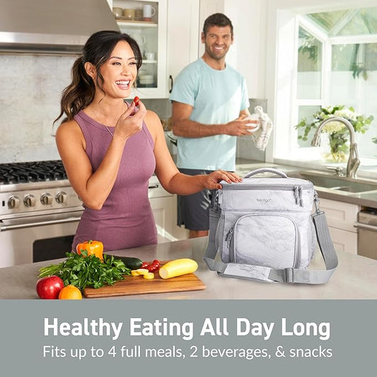 Bentgo Prep Deluxe Insulated Multimeal Bag - Lunch Box Bag, Holds 5 Meals, Premium Insulation up to 8 Hrs, Durable, Water-Resistant - Large Capacity For Adult Meal Prep (White Marble)