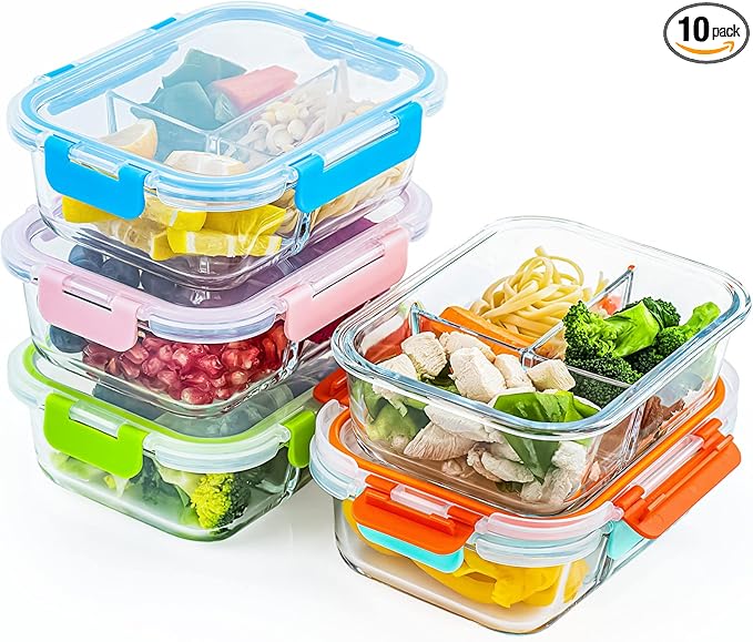 UMEIED Glass Meal Prep Containers 3 Compartment with Lids (5 Pack, 36oz), Divided Glass Storage Containers for Lunch at Work, Leak-Proof Portion Control Food Containers, Microwave/Dishwasher Safe