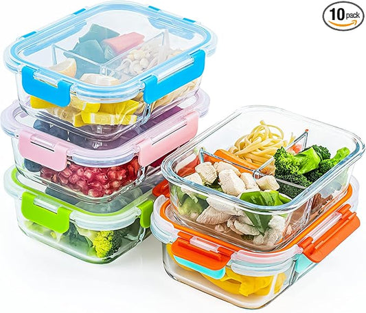 UMEIED Glass Meal Prep Containers 3 Compartment with Lids (5 Pack, 36oz), Divided Glass Storage Containers for Lunch at Work, Leak-Proof Portion Control Food Containers, Microwave/Dishwasher Safe