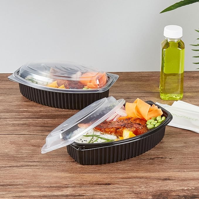 Restaurantware RW Base 32 Ounce Meal Prep Containers, 100 Microwavable To Go Containers With Lids - Disposable, Freezable, Black Plastic Oval Food Containers, Pack Hot And Cold Food, For Takeaway