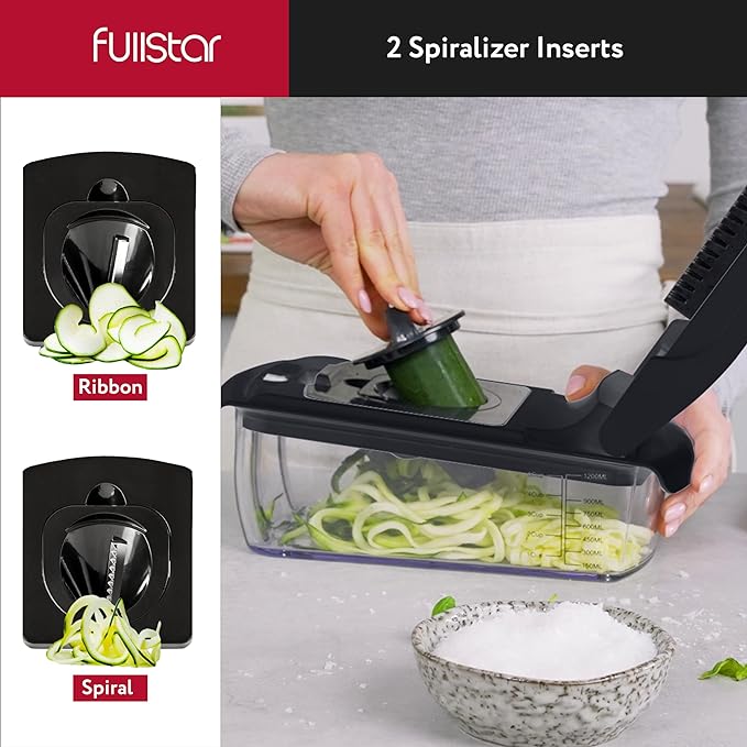 Fullstar Vegetable Chopper and Spiralizer - Food Chopper with Container, Fruit Slicer, Kitchen Gadgets & Accessories, Home Essentials (8 in 1, Black)