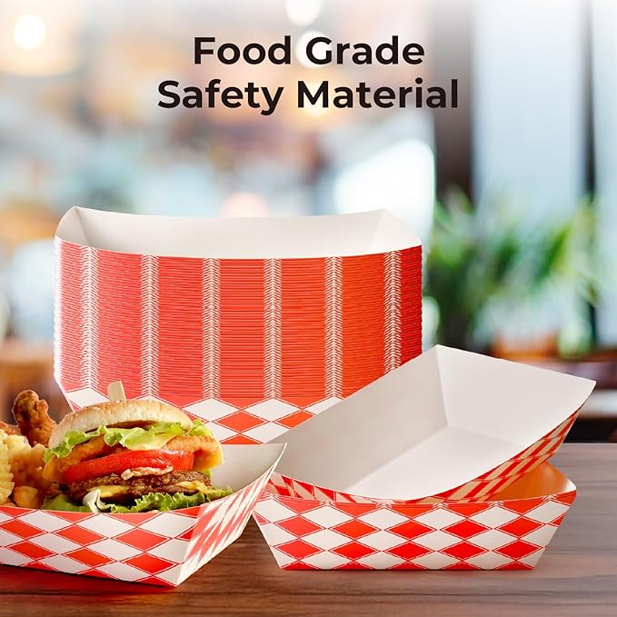Fit Meal Prep [250 Pack 5 lb Paper Food Trays Heavy Duty Food Paperboard Boat Disposable Red Check Grease Resistant Fast for Parties Fairs Picnics Carnivals, Holds Tacos Nachos Fries