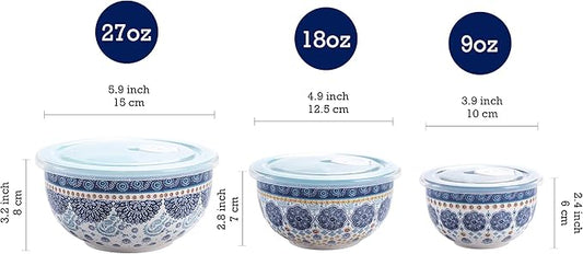 Bico Blue Talavera Ceramic Bowl with Air Tight Lid Set of 3(27oz, 18oz, 9oz each), Prep bowls, Food Storage Bowl for Salad, Snacks, Fruits, Microwave and Dishwasher Safe