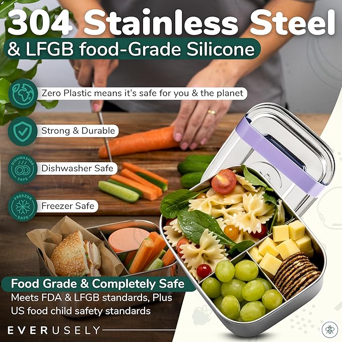 Everusely - Bento Box for Kids - Lavender, 6.5x4.7 / 27oz - Stainless Steel Lunch Box w/Leakproof Condiment Container - 3 Compartment Snack Box for School, Office Meals - Freezer & Dishwasher Safe