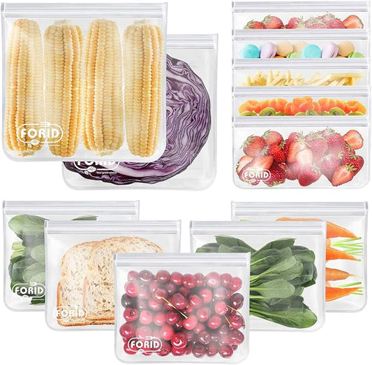 Reusable Storage Bags - 12 Pack EXTRA THICK Freezer bags (2 Reusable Gallon Bags & 5 Reusable Sandwich Bags & 5 Reusable Snack Bags) FDA Grade LEAKPROOF Lunch Bag for Food Travel Items Storage