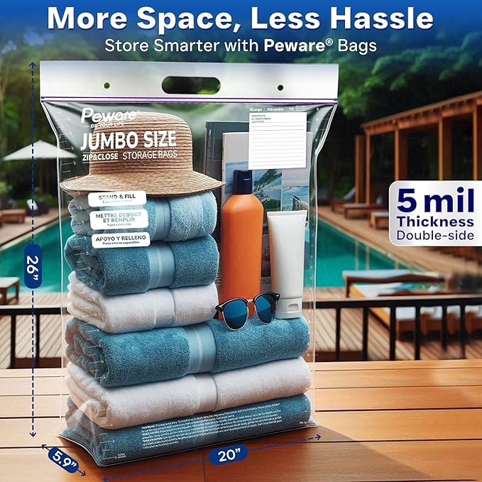 Jumbo Plastic Storage Bags, Extra Large 10Gallon Resealable Zipper Lock Seal Bags for Bedding, Clothes, Travel, and Food, Moving Totes, 20"x26", 5 Pack