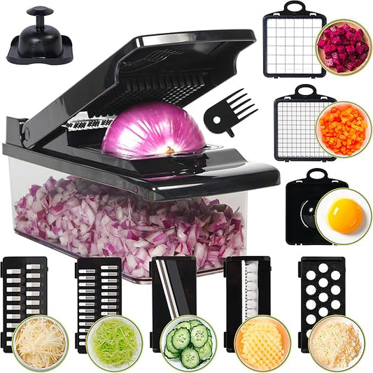 SANTOZZ Multifunctional Vegetable Chopper with Container, Vegetable Cutter with Interchangeable Blades, Onion Slicer, Garlic Grinder, Dicer for Potato, Carrot Chopper
