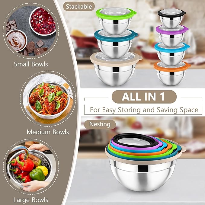 P&P CHEF Mixing Bowl with Lid Set, Stainless Steel Nesting Salad Bowls for Cooking Serving Prepping, Clear Lids & Stackable Design, Size 4.6, 3.5, 3, 2, 1.5, 1, 0.7 Qt - Multicolor, Set of 7